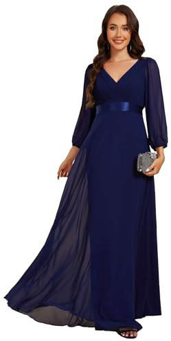 Ever-Pretty Women Dress Elegant Evening Dress with V-Neck and Long Sleeve High Waisted Chiffon Maxi Dress Navy Blue 16UK