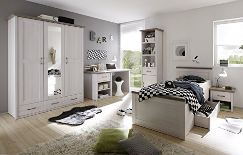 Jugendzimmer Luca- Kinderzimmer Komplett Set in Pinie Weiß mit Absetzungen in Trüffel, Drehtürenschrank - Verschiedene Set Varianten wählbar (5 teilig)
