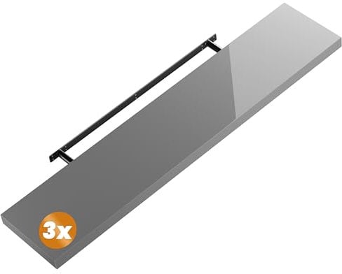 Casaria® 3X Wandregal Holz Grau Hängeregal mit Halterung 15kg Tragkraft Küche Wohnzimmer Schweberegal Bücherregal Regalbrett Schwebend Hochglanz 110cm