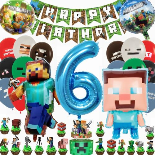 Kiwochy Kindergeburtstag Deko 6 Jahre Luftballon 6. Geburtstagsdeko Miner Gamer Geburtstag Party Deko Spiel Luftballon Miner Gamer Kindergeburtstag Happy Birthday Banner Cupcake Toppers