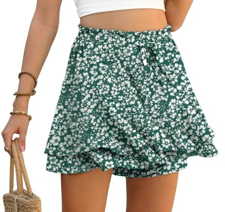 PrinStory Ruffles Shorts For Women High Waist Flowy Shorts Drawstring Skort Casual Summer Skort Wide Leg Culottes (Green White Flower, L)