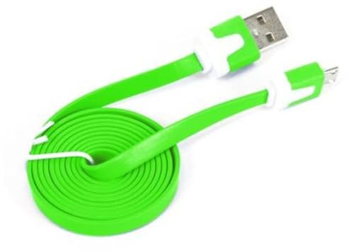 Cable plano microUSB-USB 2.0 de 1,0 m, color verde, ideal para cargar y transferir datos entre dispositivos.