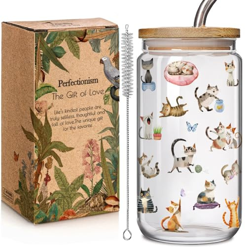 Cat Gifts for Women Girls Funny Glass Cups with Lids and Straws, Cute Cool Cat Lover Gifts Decor Stuff Accessories, Cats Lovers Owners Christmas Gift for Daughter Sister Aunt Best Friends BFF