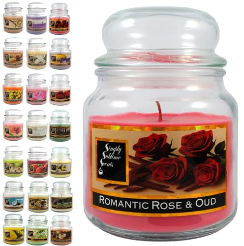 SIMPLY SUBLIME SCENTS - Luxury Scented Candle - Romantic Rose and Oud | Exceptional Fragrance Oil - Medium Glass Jar, Up to 76 Hours - Clever Wax Formula For a Long, Clean & Even Burn - Cotton Wick