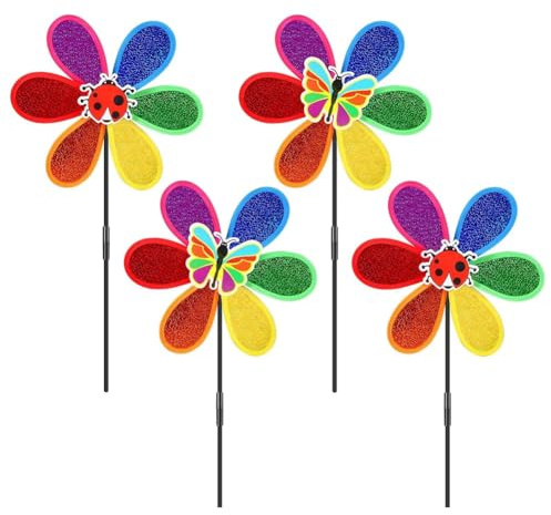 Correa 4Pcs Pinwheels for Garden,Colorful Flower Rainbow Garden Windmill,Wind Lawn Pinwheels Garden Windmills Easy to Use