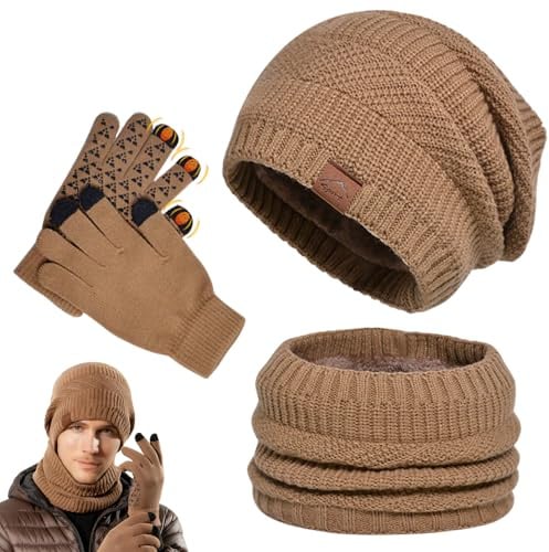Tbintul Wintermütze, Schal und Touchscreen Handschuhe Set für Herren Damen, Fleecefutter Warme Knit Hut Loop Schal Rutschfeste Handschuhe, Elastische Mütze, für Herren & Damen (Khaki)