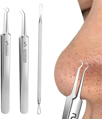 Kit d'Extraction de Points Noirs et Comédons, 3 Pièces en Acier Inoxydable avec Pince et Lancette pour Soins de la Peau à Domicile
