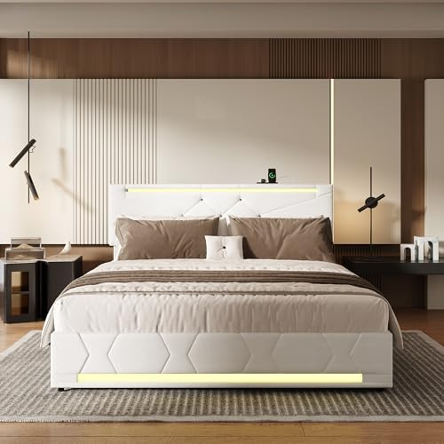 Aneutr Bett mit Bettkasten, 140 x 200 cm, mit Lattenrost, gepolstertes Doppelbett mit LED und USB-Anschlüssen, Bettgestell für 2 Personen, mit höhenverstellbarem Kopfteil und Stauraum, Hydrauliksystem