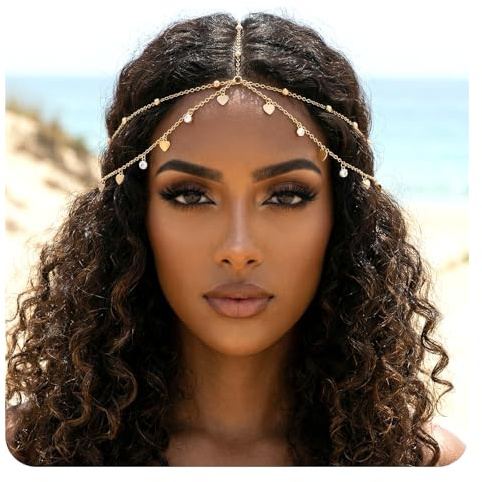 Nogeqi Kopfkette Gold Kopfschmuck Wahrsagerin Strass Pailletten Quaste Haarkette Goldene Festival Kostüm Wahrsagerin Accessoires für Damen Frauen Mädchen(Kopfumfang von 55–60 cm)