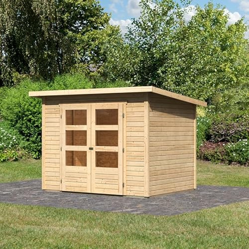 Karibu Abri de Jardin Bois Massif Épicéa 4,57m² Stockach 3 | Double Porte Vitrée, Toit Plat, Kit Fondation | Résistant Intempéries, Naturel