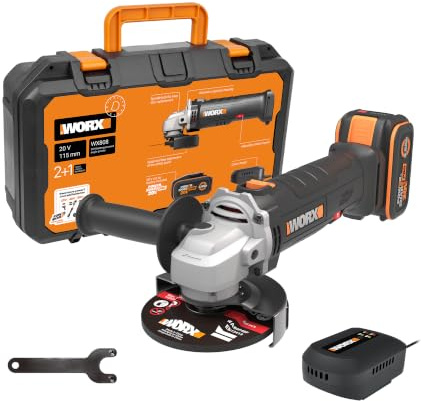 WORX WX808, Akku-Winkelschleifer 20V, inkl. Akku & Ladegerät, PowerShare | 115mm, 6-stufige Drehzahl 2500, 11000 U/min und inkl. 4,0Ah Akku &