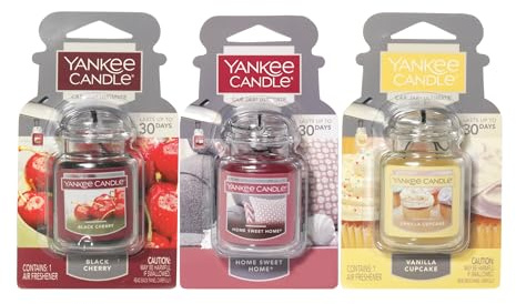 Yankee Candle Car Jar Ultimate, Vanilla, Black Cherry & Home Sweet Home, Hanging Air Freshener, Neutralizes Odors with Authentic Fragrance for Travel or Home, 3 Units (Variety Pack)