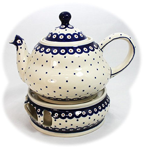 Teekanne mit Stövchen in weiß-blau-rotem Dekor, Bunzlauer Keramik