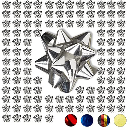 Relaxdays Geschenkschleifen 100er Set, Selbstklebend, Kleine Dekoschleifen für Weihnachten & Geburtstag, Ø 5 cm, Silber