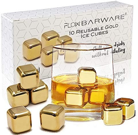 10 x goldene Whiskysteine aus Edelstahl Ice Cube Chilling Stone Rocks, wiederverwendbare Metalleiswürfel für Whisky, Wein & Gin & Tonic Drinks von FLOW Barware (Gold)