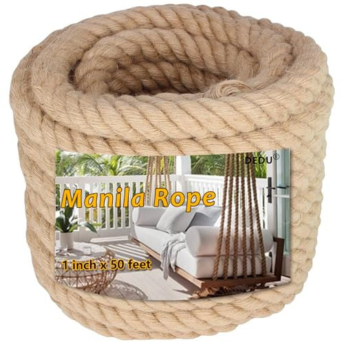 DEDU Hanfseil, gedrehtes 4-strängiges Manila-Seil, 2,5 cm x 15,2 m, natürliches, dickes Seil zum Basteln, strapazierfähig, vielseitig einsetzbar für Schaukelbett, Camping, Tauziehen, Docks