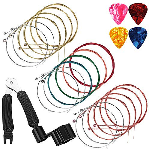 Gitarrensaiten Akustik 6 Saiten 3er-Set, maxin Gitarrensaitenpackung Ersatzstahlsaite für Akustikgitarre mit Gitarrensaitenwickler und -schneider, Bridge Pin Puller 3 in 1, Gitarrenpicks