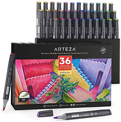 ARTEZA Art Alcohol Markers, Set of 36 Colors, Deco Tones, Medium Chisel & Brush Tip, Art Supplies for Drawing & Sketching