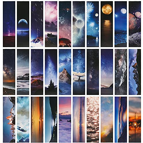 MWOOT 30 Stück Sternenklarer Himmel Papier Lesezeichen Set, Romantisch Galaxis Planet Seiten Buchmarkierungen, Sortiert Seiten Clips Buchmarker für Lesen Von Büchern, Bürozubehör (15x4cm,30 Stil)