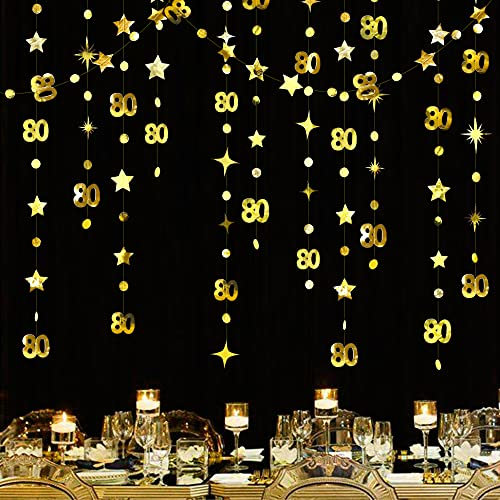 Gold 80. Geburtstag Dekorationen Nummer 80 Kreis Dot Twinkle Star Girlande Metallic Hanging Streamer Bunting Banner Backdrop für 80 Year Old Happy Birthday 80th Anniversary Eighty Party Supplies