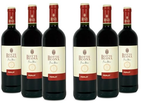 BotteBuona Vino Rosso Merlot, Vino Italiano dal Gusto Raffinato e Profumo Fruttato, 12 % Vol, Confezione con 6 Bottiglie da 750 ml