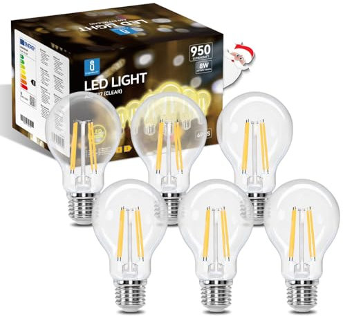 Aigostar LED E27 Vintage Glühbirne 8W (Ersetzt 69W), 950 Lumen, Warmweiss 2700K, Abstrahlwinkel 330°, A60 Edison Lampe Filament Retro Transparent Flimmerfrei, CRI>80, 6 Stück