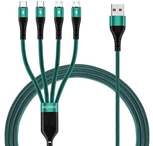 SIQIWO Multi Charger Cable 3A 1.2M, Nylon Braided 4 in 1 USB Fast Charging Cord with 2 Micro USB/2 Type C Adapter Port, for iPhone 16, Samsung Galaxy S23 S21 S6, Tab, Huawei, Sony, LG, Xiaomi, Moto