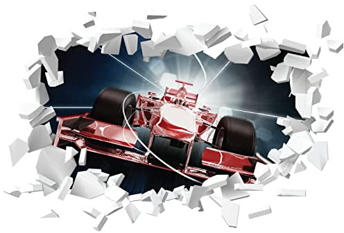 Red Formula 1 Car White Brick 3D Hole In The Wall Sticker