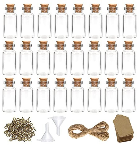 LumenTY Mini Glass Bottles 40 Pack Mini Wish Bottles with Cork 10ml Small Glass Vials Container +50 Eye Screws+ 2 Funnels+ 50 kraft paper labels+ Twine for DIY Party Wedding Favours Home Decoration