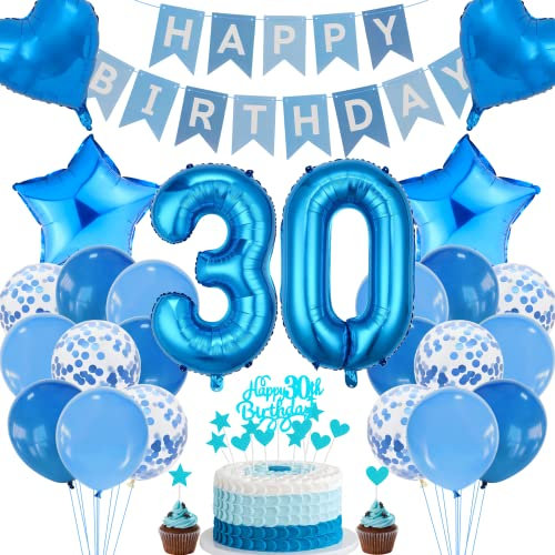 Cnrose 30. Geburtstag Dekoration,Blau Tortendeko Geburtstag 30 Jahre Mann,Party Deko Blau,30 Geburtstag Frau Männer,Tortendeko 30. Geburtstag Mann Frauen,Geburtstagsdeko 30 Jahre Frau