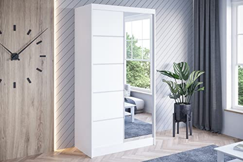 ML Furniture Ltd Kleiderschrank mit Spiegel 100 cm Daytona Schwebetürenschrank Schrank Garderobe Schlafzimmer- Wohnzimmerschrank Farbe: Weiß Matt