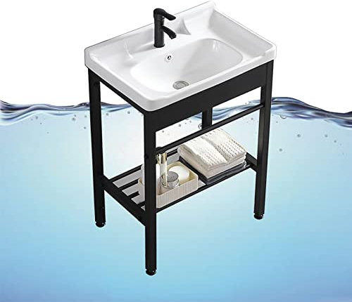 Keramik Waschbecken Aufsatzwaschbecken,Freistehende Spüle mit Ständer,mmerzielles Handwaschbecken mit Heiß- und Kalt Einstellbarer Wasserhahn,Outdoor Indoor Utility Spüle ( Color : Wit , Size : C-L60x