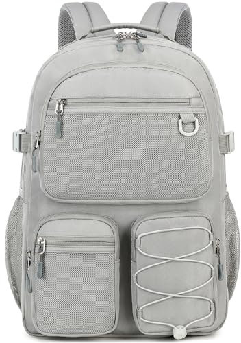 Lohol Wasserabweisender Tagesrucksack mit mehreren Taschen für Reisen, Outdoor, Uni, 15,6 Zoll Laptop-Rucksack für Damen und Herren, GRAU, Large, Tagesrucksäcke