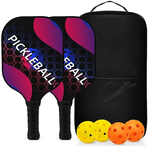 Topfinder Palas de Pickleball, Set de 2 Raquetas Pickleball de Fibra de Vidrio con 4 Bolas para Jugar al Exterior y Interior, 1 Bolsa