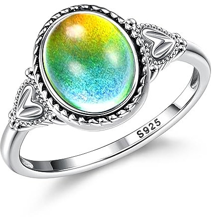 Morfetto 925 Sterling Silber Stimmungsringe für Frauen Vintage Handgemachte viktorianische Ringe Ovaler Solitaire Ring 18 Karat Weißgold plattiert Farbwechsel Stimmungsringe Damenschmuck Mood-8