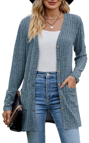MYCOLORBLUE Alte Zeiten Strickjacken für Damen Elegant Cardigan Gerippt Langarm Knopfleiste mit Taschen Strickcardigan Blau XL