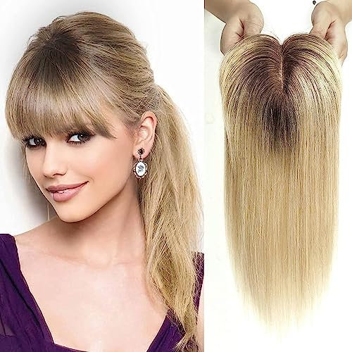 Halloween Echthaar-Topper für Frauen, 100% Remy-Echthaar-Topper mit Pony, 150% Dichte, Clip-in-Topper auf Seidenbasis, 35,6 cm, 40 g – Ombré-Hellblond