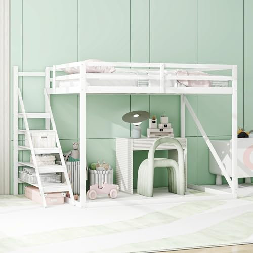 Hochbett 140x200cm mit Sicherheitsleiter, Kinderbett Etagenbett aus Massivholz mit Lattenrost geeignet für Kinder, Jugendliche und Erwachsene weiß (Weiß)