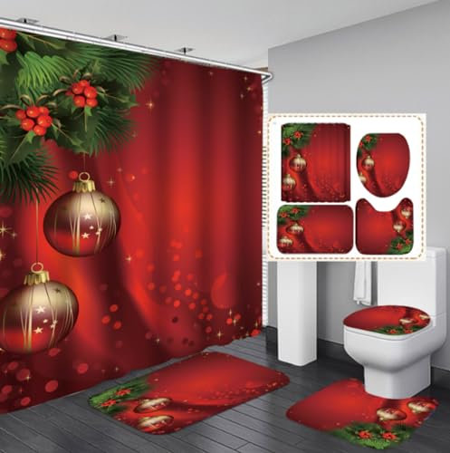 EGEIRA Rideau de Douche de Noël Ensemble de 4 Pièces, Tapis de Salle de Bain Antidérapant, Tapis Contour, Housse de Couvercle de Toilette Rideau de Douche Imperméable en Polyester, 180 cm, Avec 12
