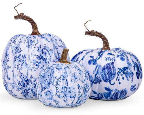 3er Set Künstlicher Kürbis Deko Herbst Kunstkürbis für Halloween Wohnzimmer Tischdeko, Blauer und Weißer Dekokürbis Kunstpflanze Wie Echt Herbstdeko