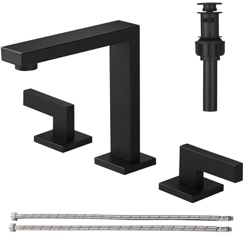 RUMOSE 20,3 cm breite, mattschwarze Badezimmer-Armaturen für Waschbecken, 3-Loch-Messing, 2 Griffe, Waschtischarmatur, moderne Wohnmobil-Badezimmerarmaturen mit Pop-Up-Ablaufgarnitur,