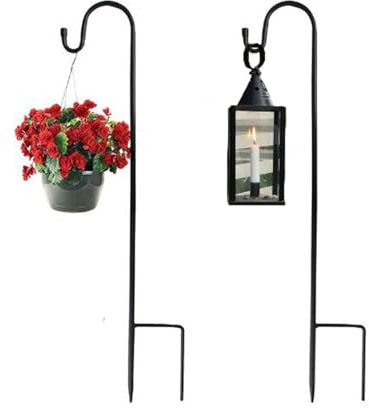 Alytimes 2 Pcs Shepherd's Crooks, Height Adjustable Festoon Pole, 80.5 CM/31.6 in Garden Lantern Shepherd's Hook with Base for Hanging Basket Stand, Patio, 4 Sections Stitched (Black)