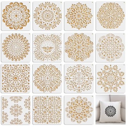 MWOOT 15-Piece Mandala Stencils for Painting & Crafts - Reusable Large & Small Floral Plastic Paint Templates (15.1x15.1CM)