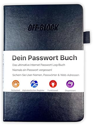 OFF-Block Dein Passwort Buch I mit A-Z Register I Organizer für Passwörter, Benutzernamen, Webseiten und mehr I mit Stiftschlaufe I Gummiband I Dokumententasche innen Farbe schwarz