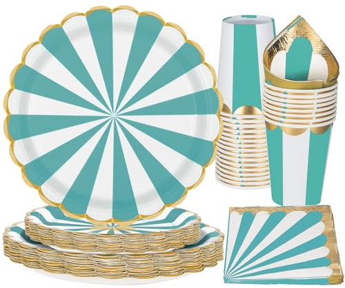 PARTY GO 96 Stück Partygeschirr Set, Thema Partygeschirr Set, Grün und Weiß gestreift Zirkus Thema Geburtstag Geschirr, Zirkus Party Zubehör (24 Gäste