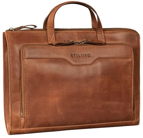 STILORD 'Silvano' Echtleder Laptop Sleeve 13,3 Zoll Vintage Laptop Hülle Schmal Leder Reißverschluss Büro Aktentasche A4 mit Fächern Notebook Schutzhülle für Damen und Herren, Farbe:andorra - braun