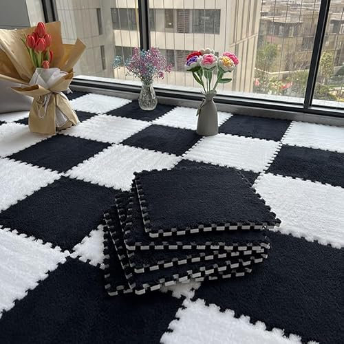 Schaumstoff-Spielmatte, 10 Stück, 30 x 30 x 1 cm, flauschige Plüschschaum-Bodenmatte, Bodenschutz, zotteliger Teppich, quadratische Bodenfliesen, Puzzle-Spielmatte für Spielzimmer (Schwarz-Weiß)
