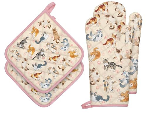Arquiel Ofenhandschuh und Topflappen 4er Set, 100% Baumwolle Kochhandschuhe, Hitzebeständiger Küchenhandschuh Zum Kochen Backen Grillen Geschenk, Cartoon-Katze