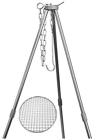 Dreibein Grill Stativgrill Runder Grill Mesh Set Grillgrill Mit Ketten & Haken Tragbares Stativ Grillset Mit Aufbewahrungstasche BBQ Grill Werkzeug Für Garten, Camping, Picknick,Silber