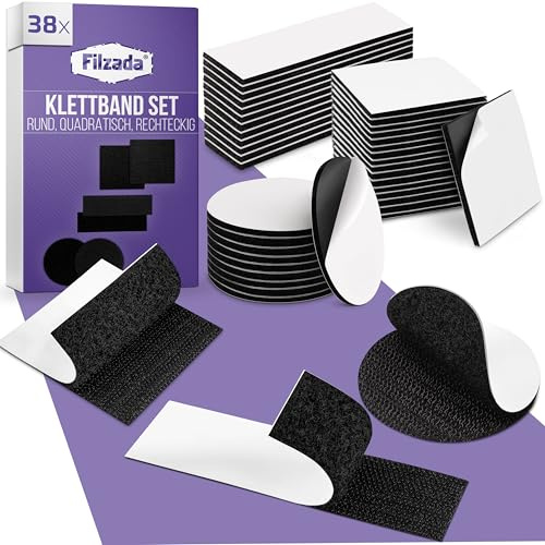 Filzada® 38x Klettband Selbstklebend Extra Stark Schwarz Set Rund & Eckig | Klettverschluss selbstklebend, Klettklebeband innen & außen - haftet auf Holz, Glas, Wand - rückstandsfrei ablösbar